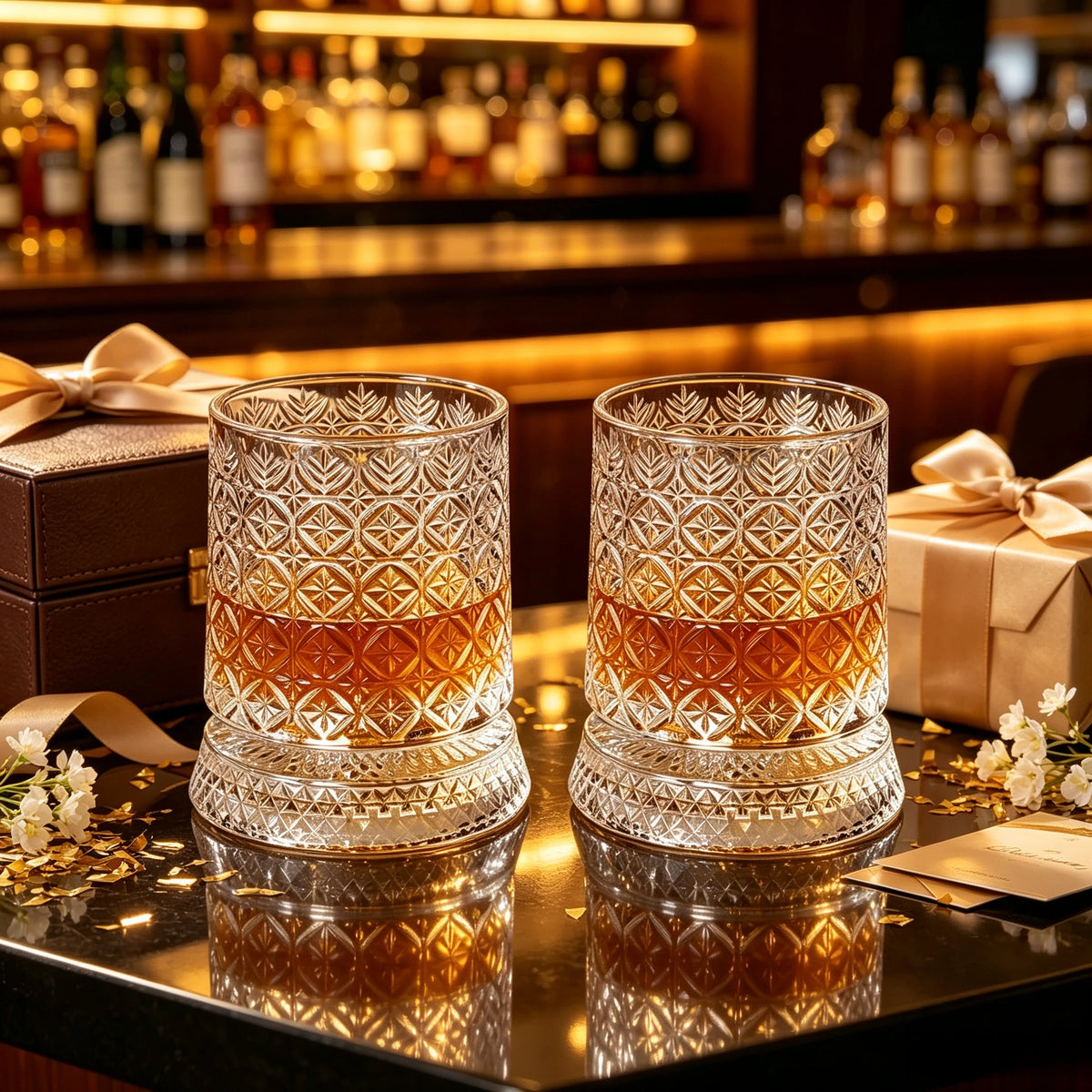 Rotating crystal whiskey glasses