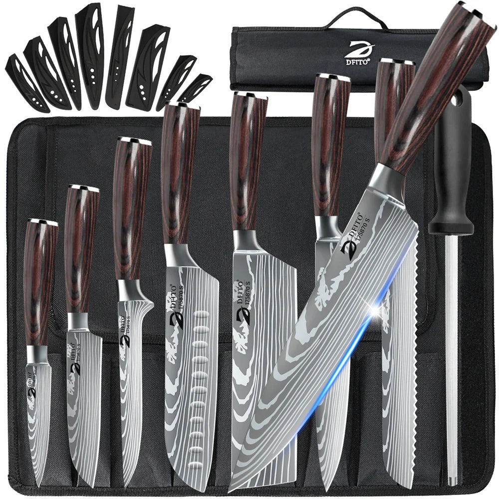 Damascus-pattern 8-piece knife set